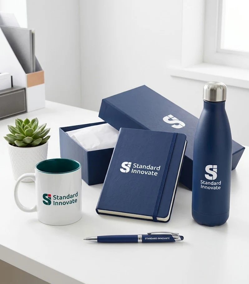 Navy branded notebook, mug, flask and pen gift kit
