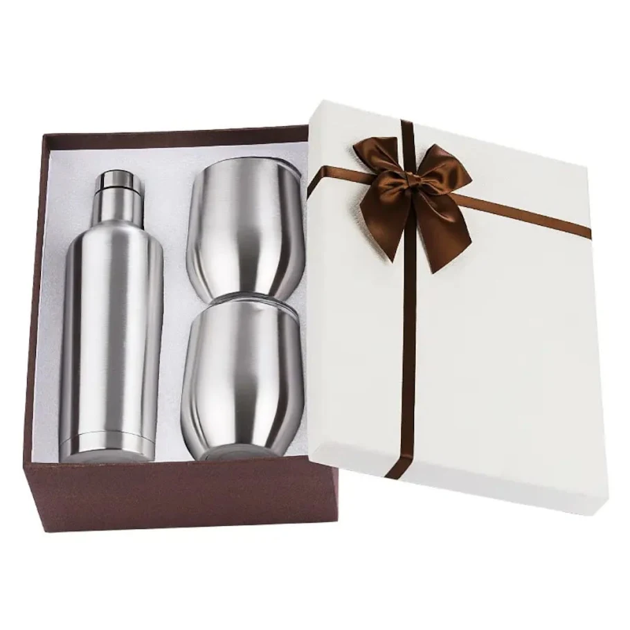 Stainless steel bottle with two tumblers in a ribboned gift box