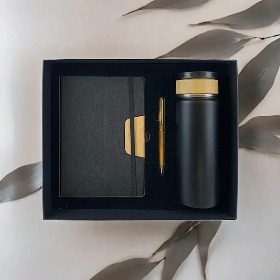 Eco bamboo notebook, pen and flask gift set in black box
