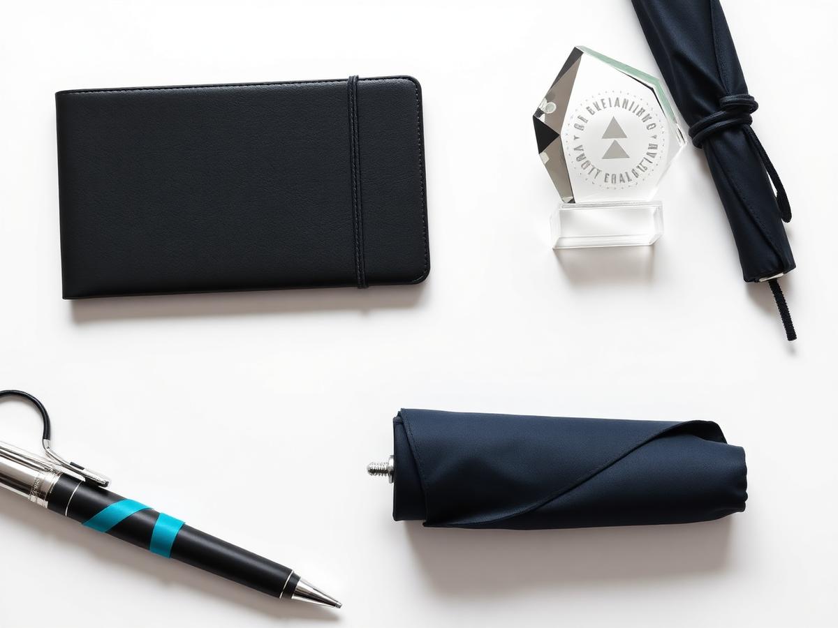 Premium corporate gift set with leather notebook, pen, crystal award and umbrella